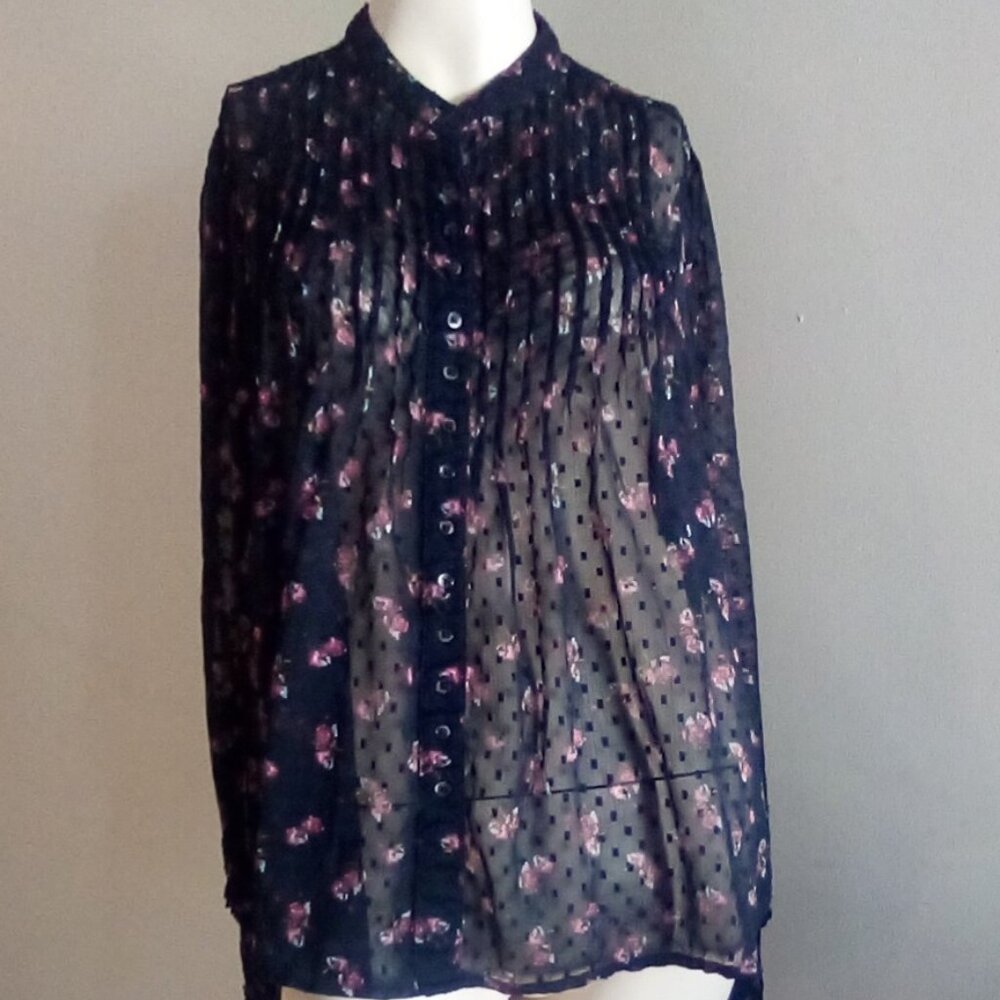 Free People  Sheer Flower Print Long Sleeve Top Size M